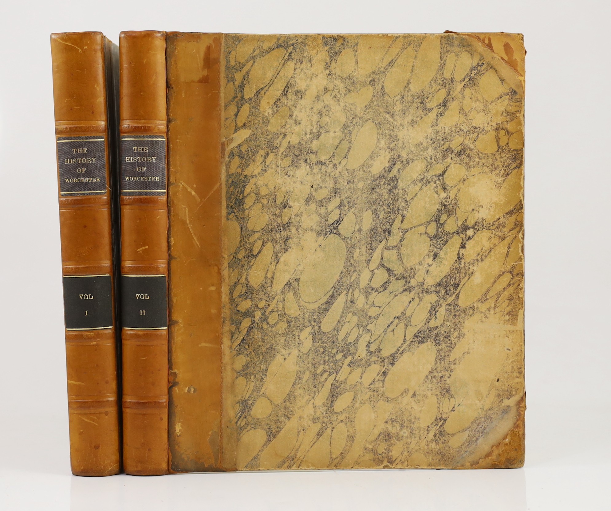 WORCS: Green, Valentine - The History and Antiquities of the City and Suburbs of Worcester. 2 vols. pictorial engraved titles, portrait, folded plan and 23 plates (2 d-page), subscribers list; old half calf and marbled b